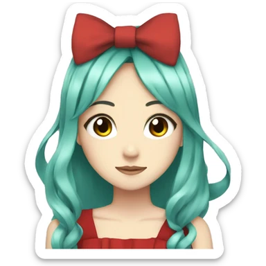 anime, girl, long teal hair, red eyes, black bow on her head, red dress sticker
