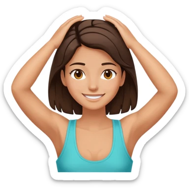Brunette girl smiling in tank top with hands on her head sticker