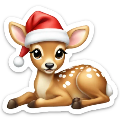 baby deer with white spots lying down wearing a santa hat sticker