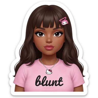 Long lashes, my melody hairclip, Doll faced shaped, hello kitty necklace, bimbo, black doll eyes, Big lips barbie, long dark brown skin with dark brown hair, light pink bimbo shirt says "blunt" , big breast sticker