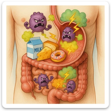 Anatomical illustration: cross-section of the human torso focusing on stomach and intestines. Inside, stylized parasites react aggressively to dairy, gluten, and sugars (foods highlighted with bright colors). The parasites release symbolic toxins like colored gas and lightning bolts. Medical illustrative style. sticker