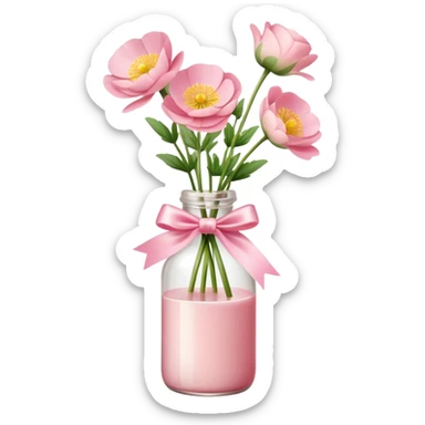 aesthetic bow in Cream Pink , Sugar Pink color glass bottle and in it a beautiful bouquet of Satin Pink Chinese buttercup  sticker