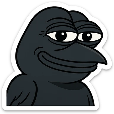 a crow in the style of Pepe the Frog, expressive and meme-like sticker