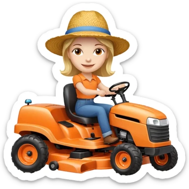 White woman without glasses wearing a straw hat, on orange ride on lawn mower.  sticker