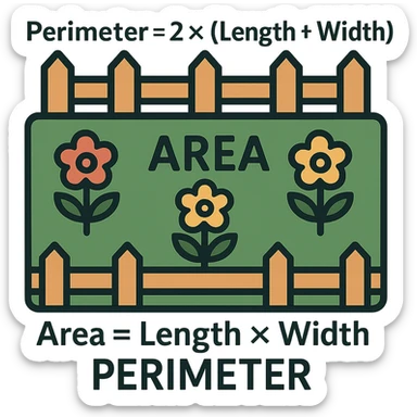 Add text labels: Perimeter = 2 × (Length + Width), Area = Length × Width. Place the labels near the garden fence and flowers, suitable for grade 4. Keep the background transparent. sticker
