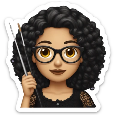 Hispanic woman with black glasses and long dark brown curly hair holding crochet hook and yarn wearing a black lace shirt sticker