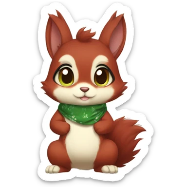 Cute, Chibi, chubby, fluffy, Kemono-style, Anthro, Fur-Sona, Dark-Red, Squirrel-Rabbit-hybrid-Fakémon, with a green bandana, full body sticker