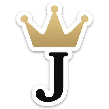 Refine the 'King J' logo by making the crown more detailed and elegant, keep the letter J bold and regal, use gold and black colors, in a modern icon style with a transparent background. sticker