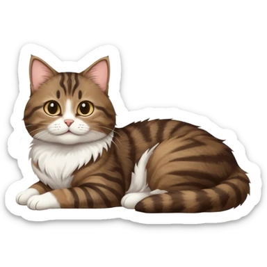 dark brown tabby and white cat with doing a big extremely long stretch reaching up into the air with arms and legs side by side together straight and overextended whilst lying on its side sticker