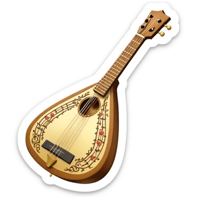 Create a refined and detailed emoji representing the 3-stringed Doff BCM balalaika. The design should feature the classic triangular shape of the balalaika, highlighting its smooth wooden body and high-quality finish. The three strings should be clearly visible, and the tuning pegs should reflect the craftsmanship of the instrument. Add subtle musical notes around the instrument to emphasize its melodic sound. Use rich wood tones, gold accents, and silver details to reflect the professional quality and elegance of the Doff BCM balalaika. The background should be transparent. sticker