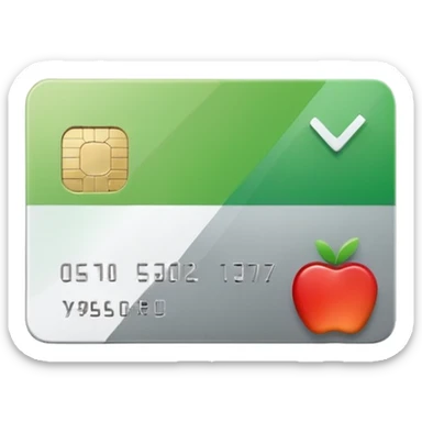 Apple style emoji of a minimalistic credit card in white-gray gradient, flat and clean design, no extra details, next to it a green square box with a bold white check mark inside, minimalistic Apple style sticker
