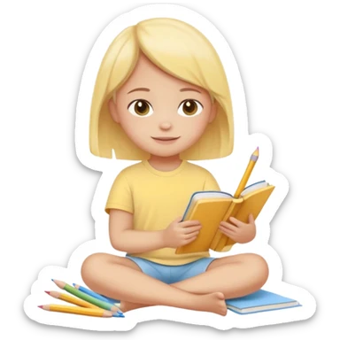 Flat illustration emoji of a small child sitting and reading a book with colored pencils or paint palette nearby, happy and peaceful expression, soft pastel colors (yellow, light blue, soft pink), rounded shapes, minimal details, child-friendly, warm and gentle style sticker