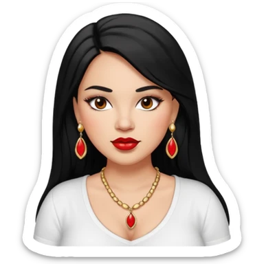 Mexican Light skin big brown eyes glamorous full figured women black medium straight hair red lips necklace and earrings long lashes white shirt  sticker