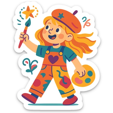 creative blond girl, imaginative expression, playful pose, vibrant colors, whimsical details sticker