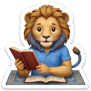 Happy lion reading  on a carpet with blue shirt on sticker