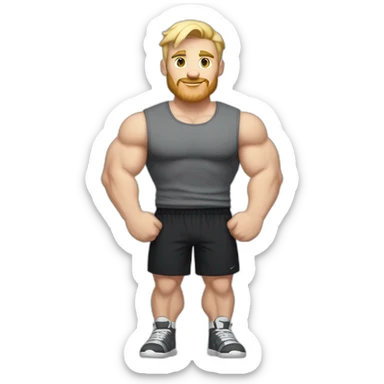Full height Pale skinned fit man With the biceps and blonde hair In dark gray sleeveless mike, black oversize sports shorts, watch and white sneakers. his arms crossed over his chest sticker