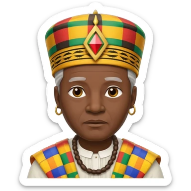 Create an emoji of an old African king wearing kente cloth, white shirt and kufi hat sticker