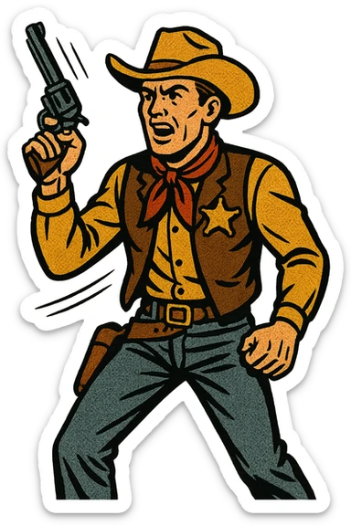 The full body of a A male sheriff from the American West holding up his pistol sticker