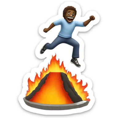 Happy man jumping into a flaming volcano that is fake and has a trampoline in it sticker