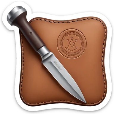 Leatherworking icon, piece of raw leather with started engraving, engraving tool or chisel, stamp or press, textured surface, minimalistic style, clean lines, transparent background. sticker