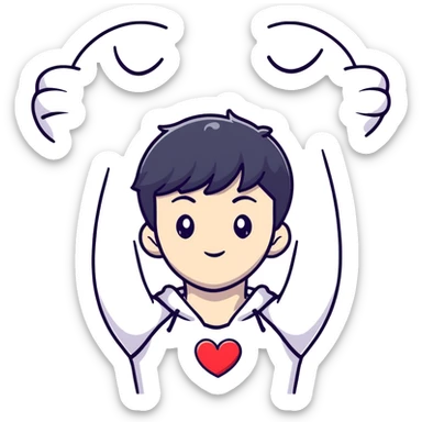 Black-haired male idol with arms forming heart shape above head, arms curved in heart outline, K-pop style sticker