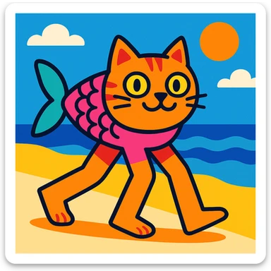 cat with fish body and four human legs, beach atmosphere, colorful cartoon style sticker