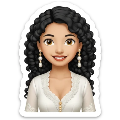 tan skin women, with black long Curly hair, wear white kebaya , and pearl earring sticker