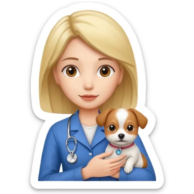 a woman vet holding a small dog sticker