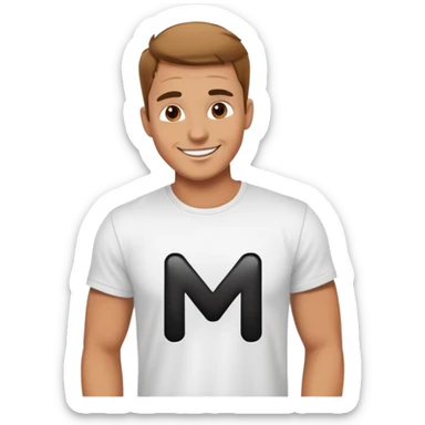 A happy man wearing a white t-shirt with a big black M on the t-shirt  sticker