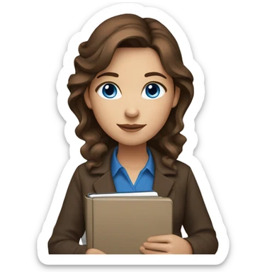 Women brown hair and with blue eyes and brown hair with a pen and a notebook in her hands sticker