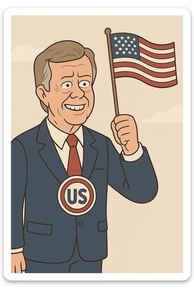 US President Carter  wearing a blue suit with a large US badge on his chest holding an American Flag sticker