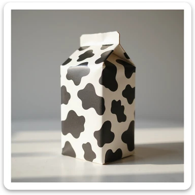realistic milk box featuring a cow print pattern, natural lighting, subtle shadows, photorealistic sticker