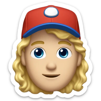 blonde wavy hair man with blue eyes and red t-shirt and sideways baseball cap sticker