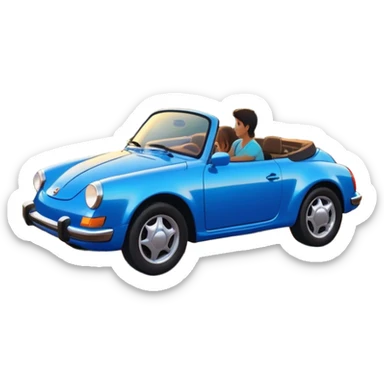 A parked blue car sits quietly on the side of an open road, facing a breathtaking sunset. Two people stand outside, backs turned, watching the horizon. The road stretches endlessly ahead, surrounded by a peaceful, glowing landscape full of light, warmth, and possibilit sticker