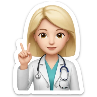 3D memoji style female doctor, white medical coat, stethoscope, raising index finger up like giving important advice, confident facial expression, slight smile, centered, transparent background, sticker