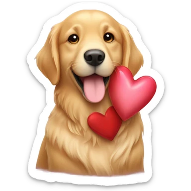 Golden retriever holding Valentine’s heart sticker