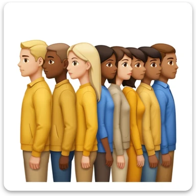 A line of people standing in profile, one behind the other, yellow background sticker