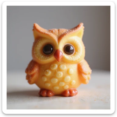 realistic candy shaped like a cute owl, photorealistic style sticker
