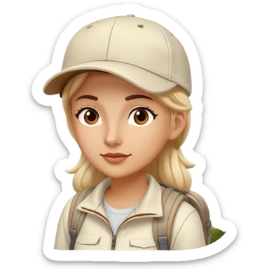 woman hiking on maintain trail cream clothes baseball cap sticker