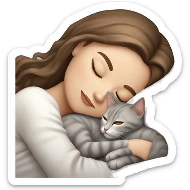 White girl brown hair sleeping with light grey kitty sticker