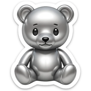A cute teddy bear emoji made of liquid silver chrome, smooth rounded body, glossy metallic surface, soft reflections, friendly proportions, iOS emoji style, centered, clean white background sticker