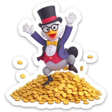 Scrooge McDuck emoji, diving into pile of gold coins, joyful expression, with top hat and glasses sticker