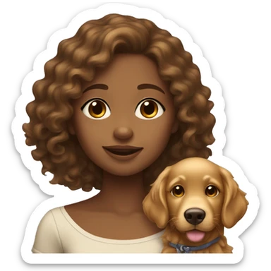 Tan skinned girl with  brown curly hair with a golden retriever puppy sticker