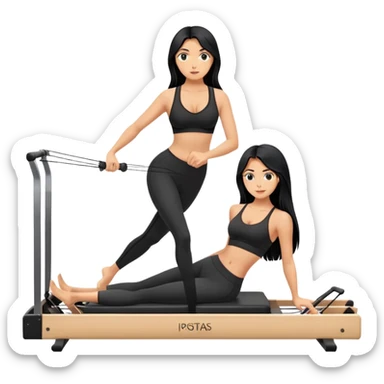 woman with bra, tanned long black hair, doing Pilates reformer sticker