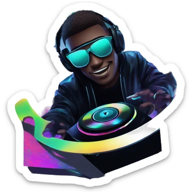 A dj wearing sunglasses playing music holding a cd record record, vinyl, oilslick holographic blacklight inverted graffiti dark dull sticker