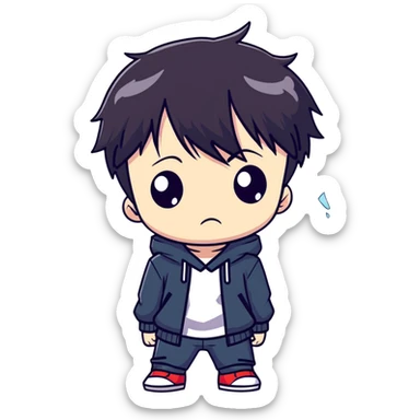 Chibi dark hair anime boy about to cry, tears welling up in his eyes sticker