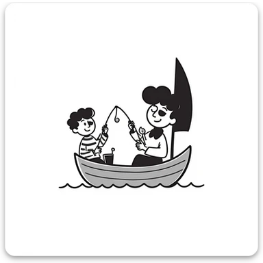 hand-drawn doodle of a pirate fishing from a small boat, black and white sticker