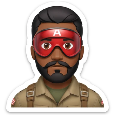 sam wilson with a close to the scalp black hair  and  a well-groomed beard that connects to his mustache,  wear sleek, red-tinted tactical goggles fit snugly from captain america: civil war sticker