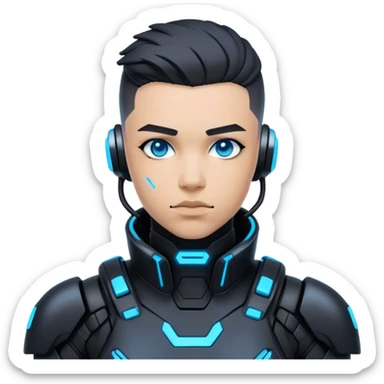 A futuristic cyberpunk soldier, black exosuit, neon blue accents sticker