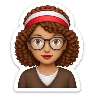Mujer de piel canela, pelo marron y rizado, lentes y una cinta roja en la frente  sticker